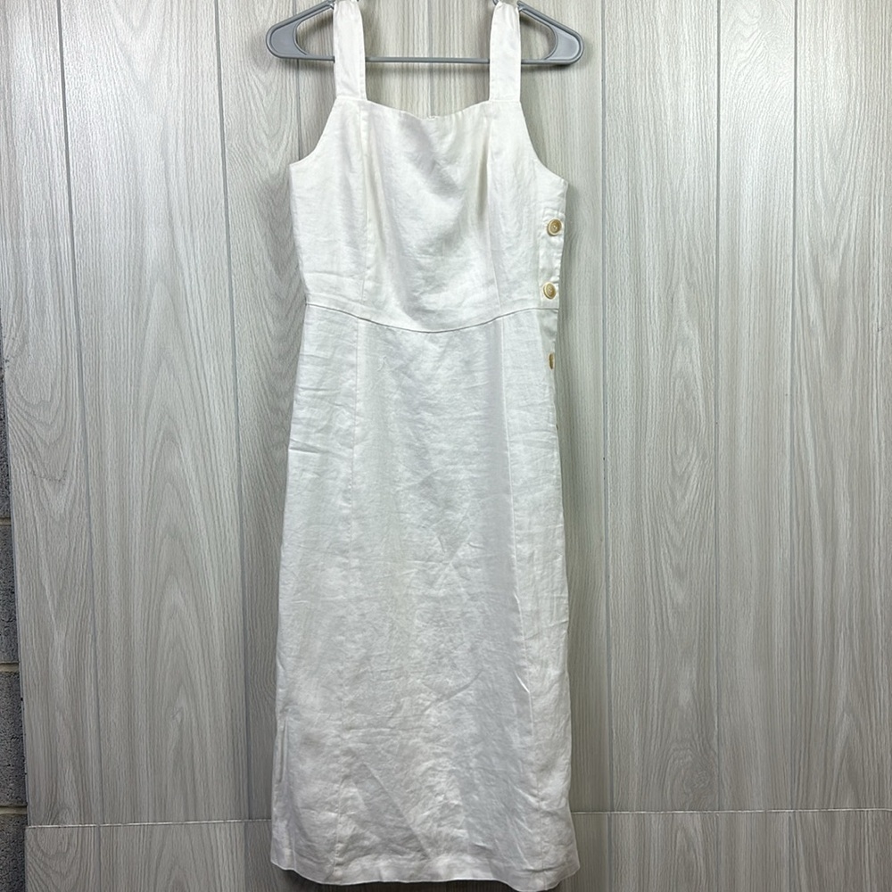 J Mclaughlin Womens Dress 6 White Midi‎ Linen Sleeveless Button Gauzy Coastal